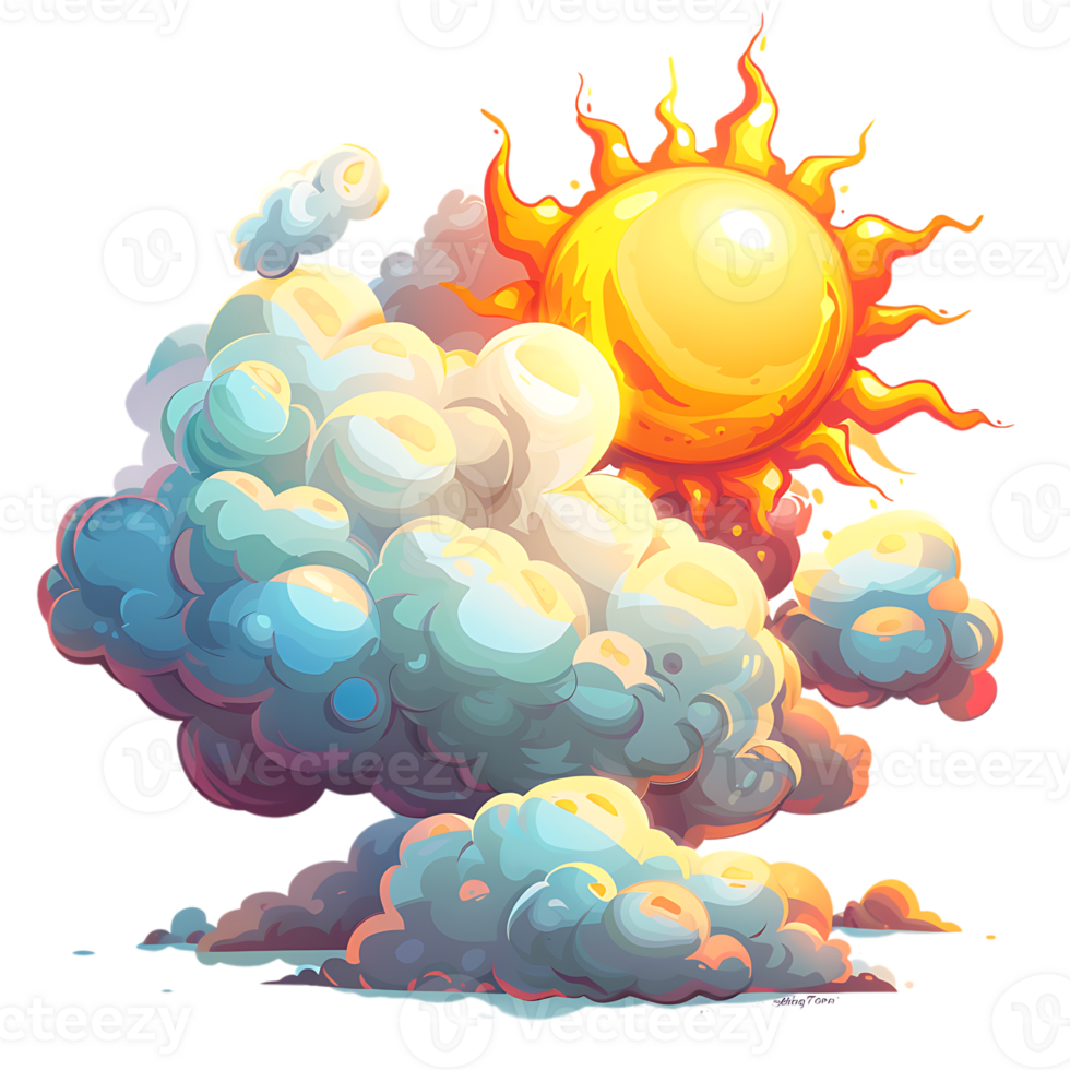 The cartoon style depiction of a sun and clouds stands alone png