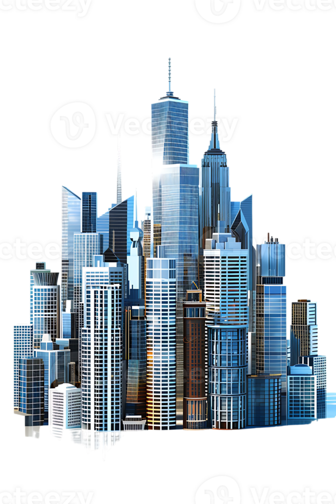 The skyline of a bustling city depicted in a striking 3D style emerges prominently png