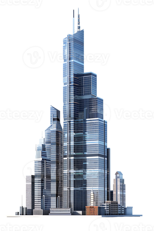 The skyline of a bustling city depicted in a striking 3D style emerges prominently png