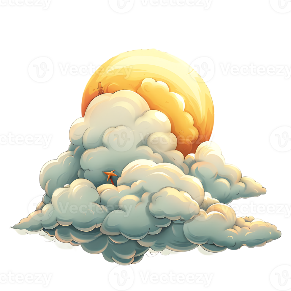 The cartoon style depiction of a sun and clouds stands alone png