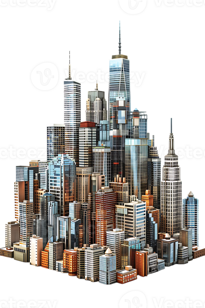 The skyline of a bustling city depicted in a striking 3D style emerges prominently png