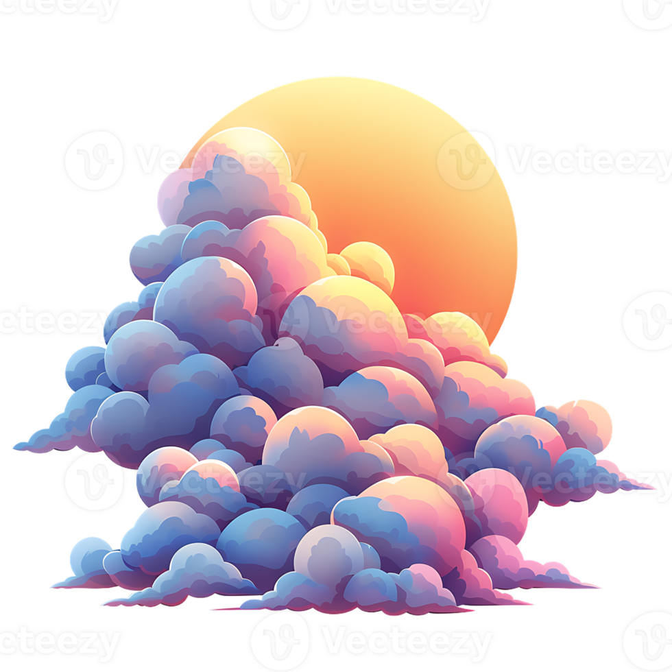 The cartoon style depiction of a sun and clouds stands alone png