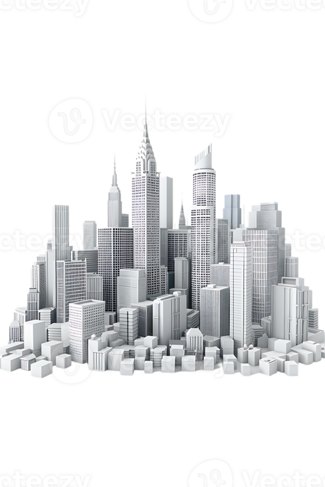 The skyline of a bustling city depicted in a striking 3D style emerges prominently png