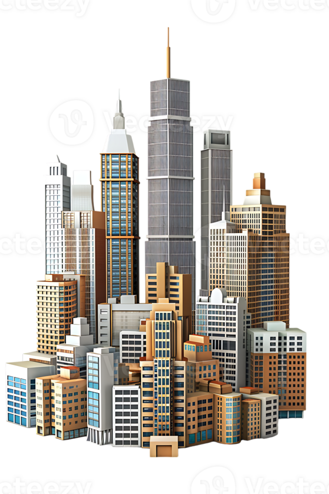 The skyline of a bustling city depicted in a striking 3D style emerges prominently png