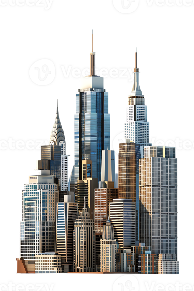 The skyline of a bustling city depicted in a striking 3D style emerges prominently png