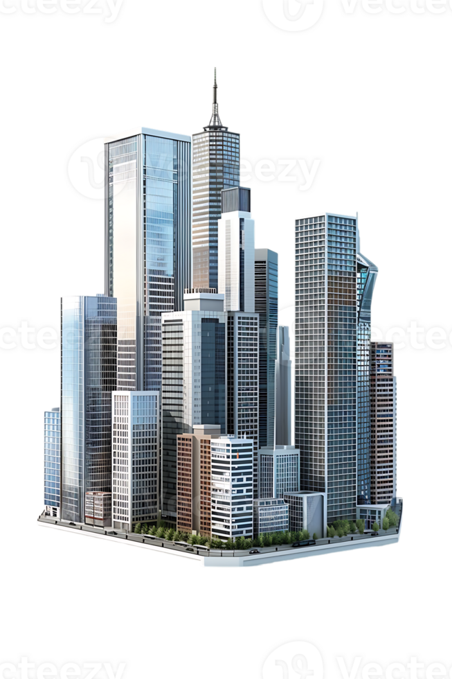 The skyline of a bustling city depicted in a striking 3D style emerges prominently png