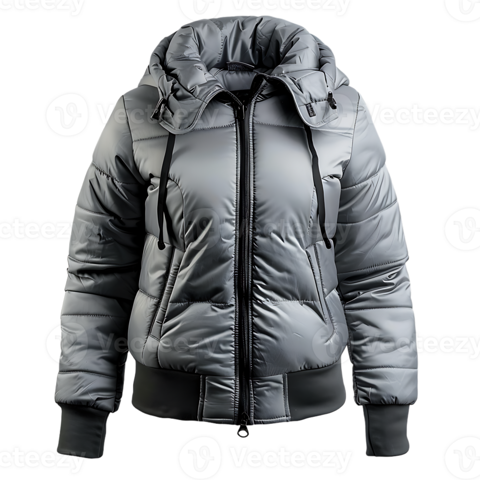 Women grey hooded warm sport puffer jacket isolated against transparent background png