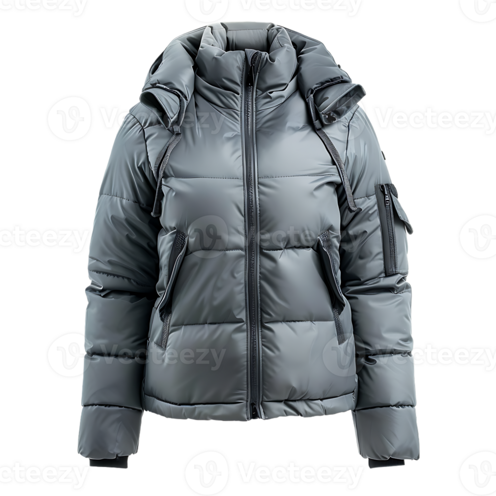 Women grey hooded warm sport puffer jacket isolated against transparent background png