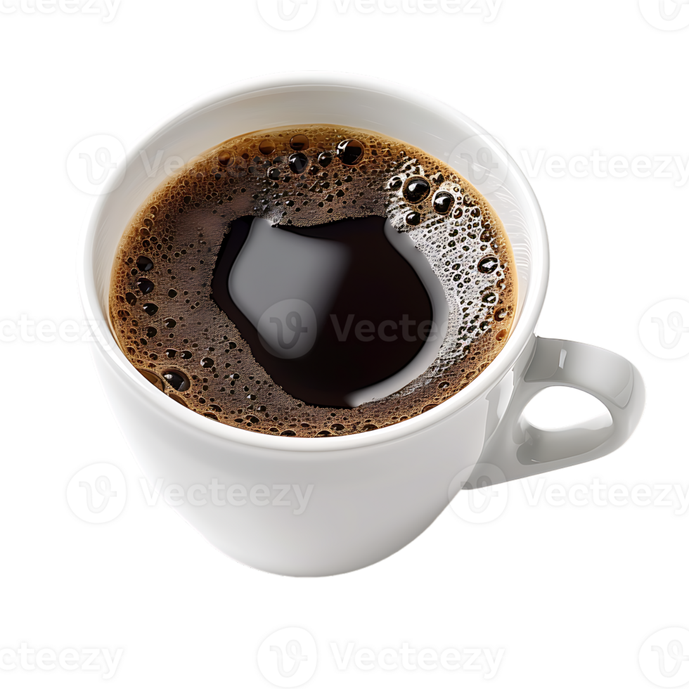 White cup of black coffee isolated against transparent background png