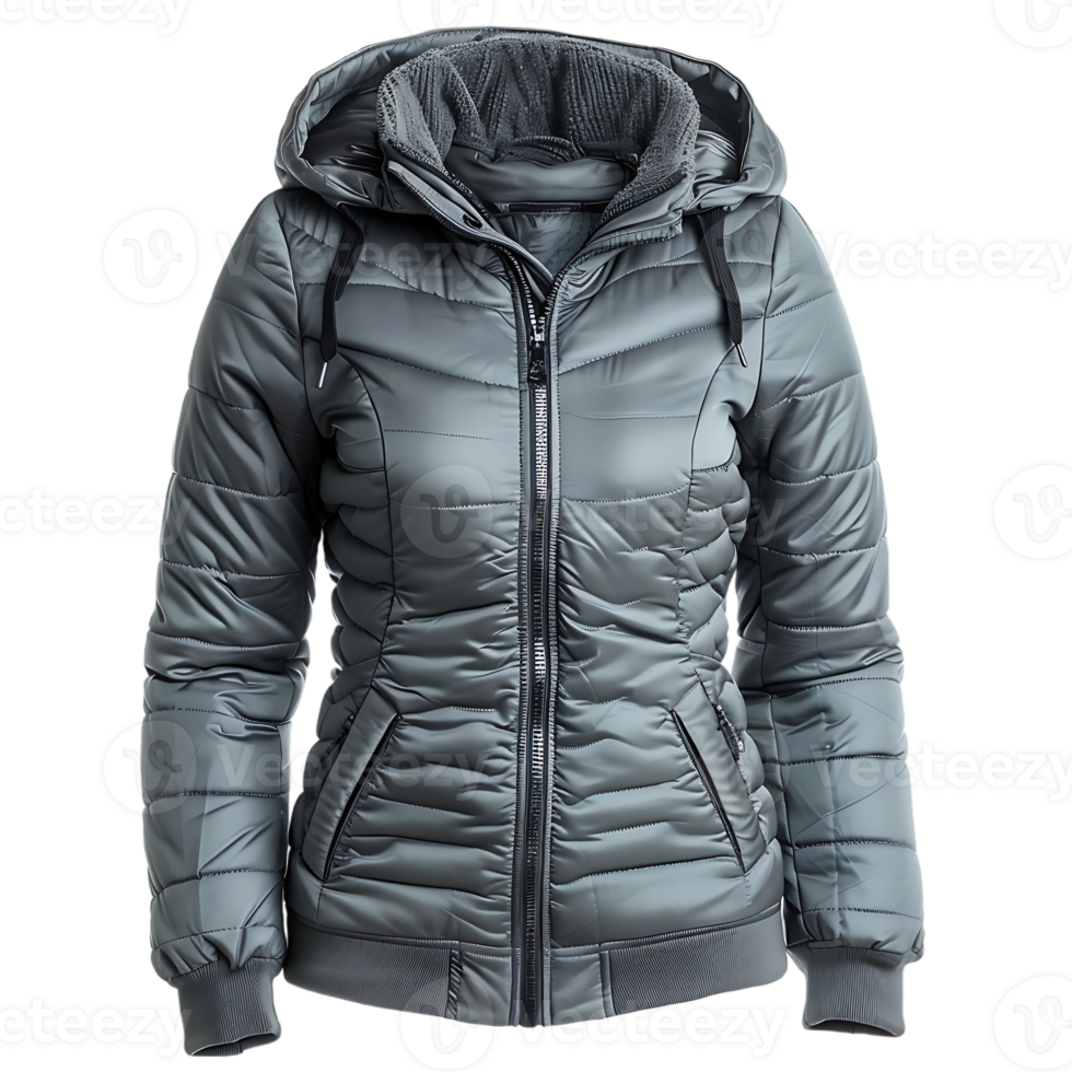 Women grey hooded warm sport puffer jacket isolated against transparent background png