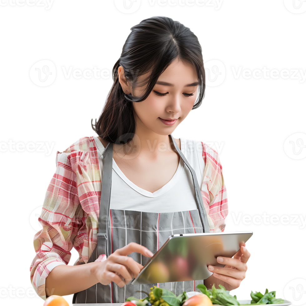 Young attractive Asian woman who cooks while watching tablet pc png