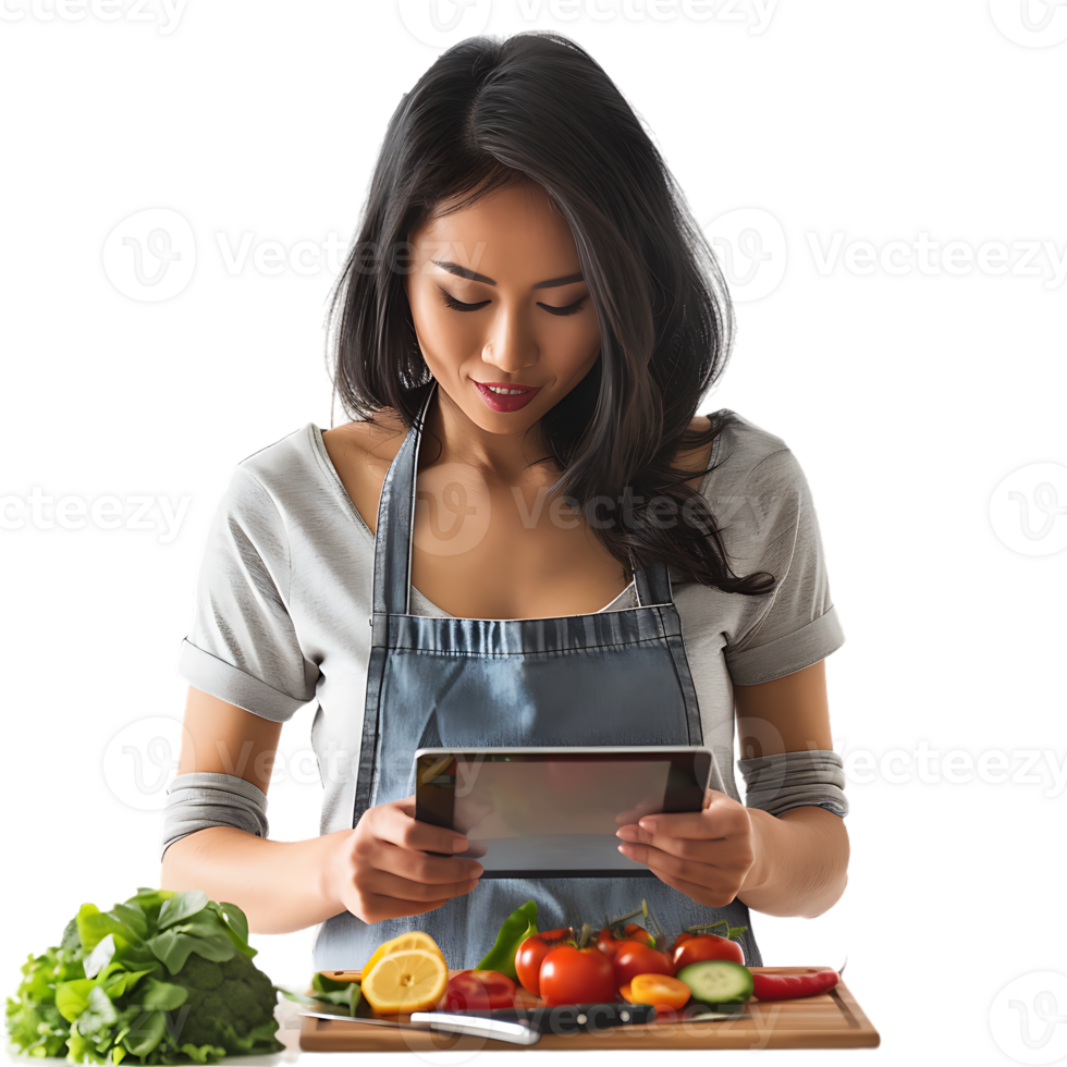 Young attractive Asian woman who cooks while watching tablet pc png