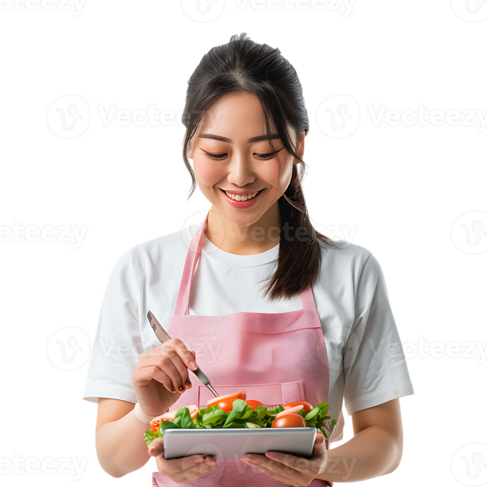 Young attractive Asian woman who cooks while watching tablet pc png