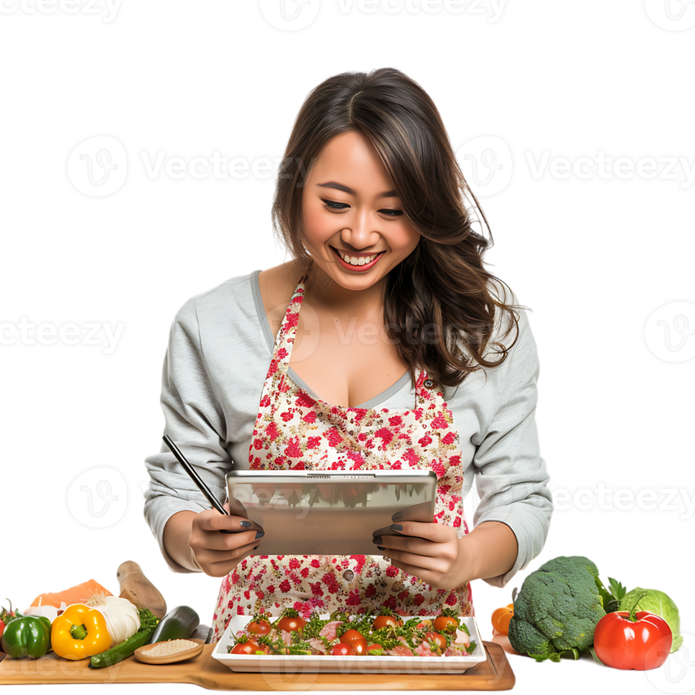 Young attractive Asian woman who cooks while watching tablet pc png