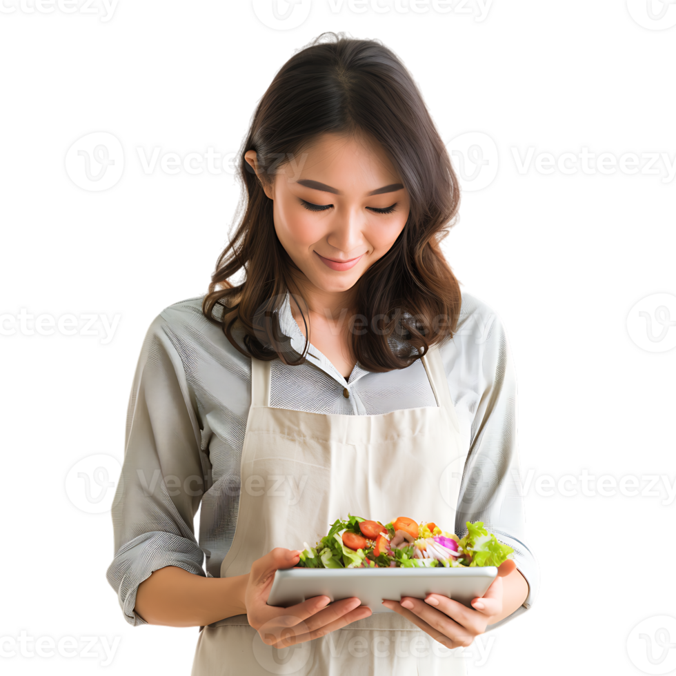 Young attractive Asian woman who cooks while watching tablet pc png