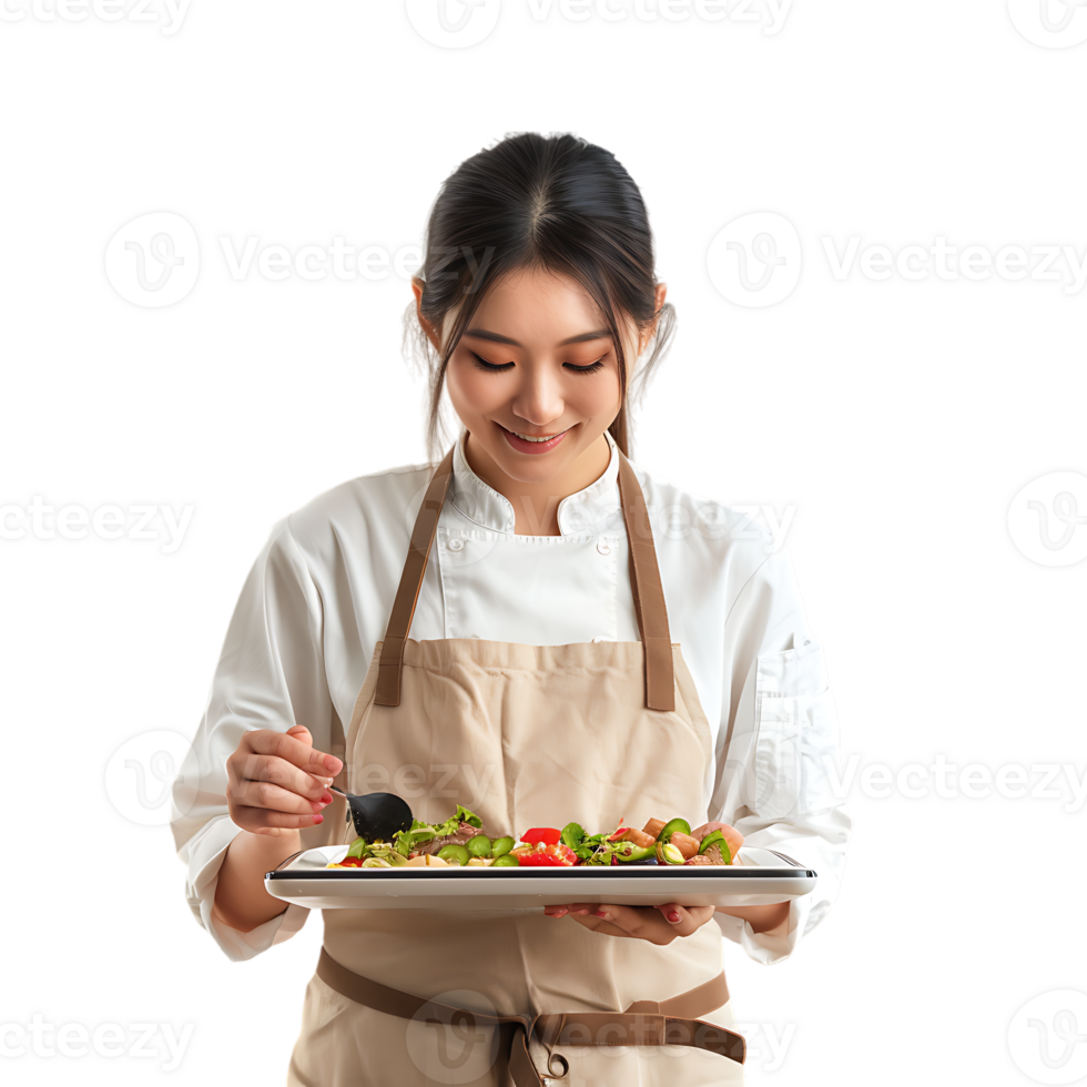 Young attractive Asian woman who cooks while watching tablet pc png