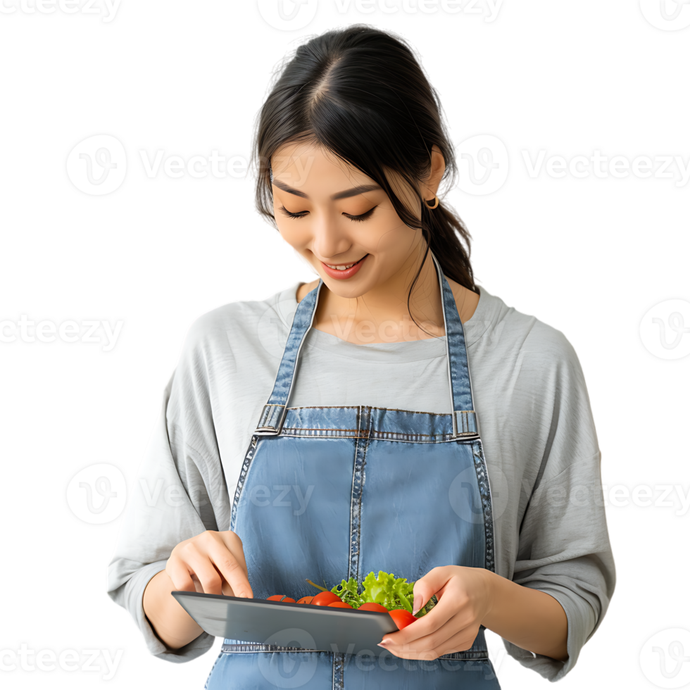 Young attractive Asian woman who cooks while watching tablet pc png
