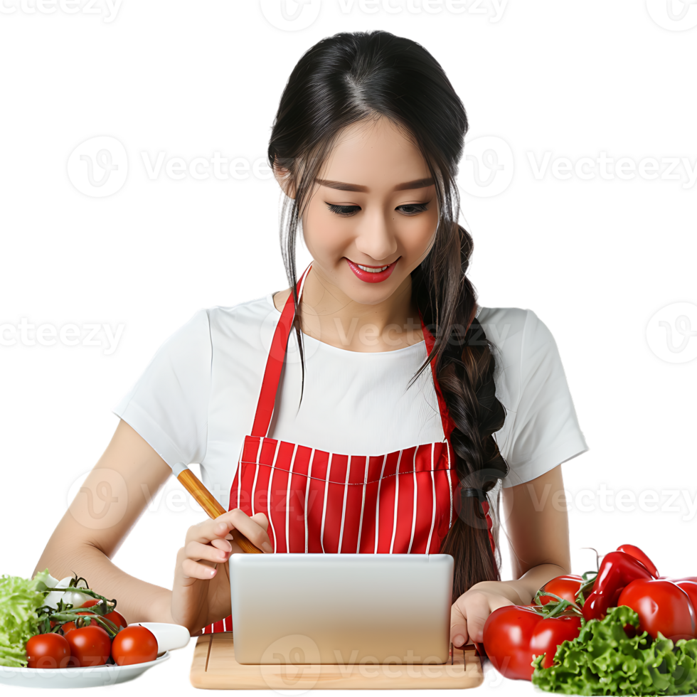Young attractive Asian woman who cooks while watching tablet pc png