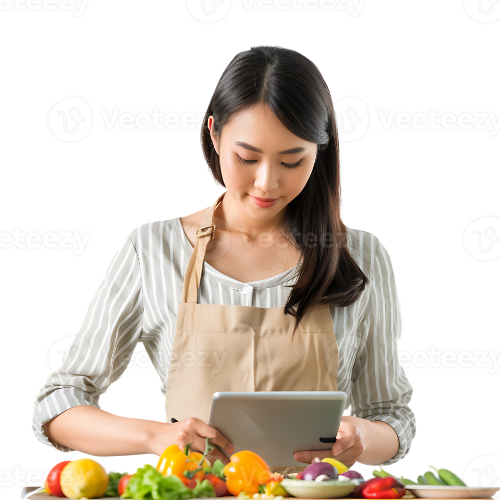 Young attractive Asian woman who cooks while watching tablet pc png