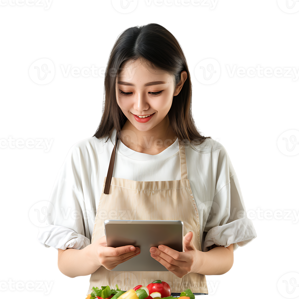 Young attractive Asian woman who cooks while watching tablet pc png