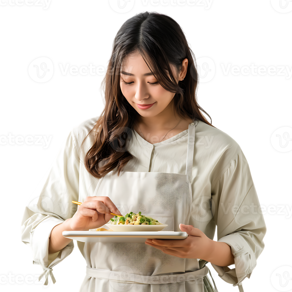 Young attractive Asian woman who cooks while watching tablet pc png