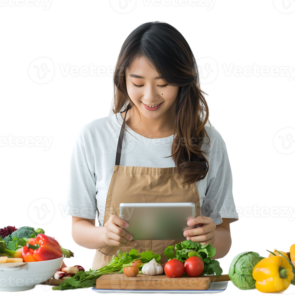 Young attractive Asian woman who cooks while watching tablet pc png