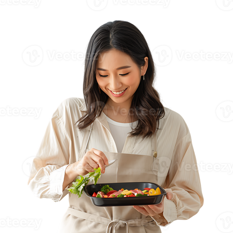 Young attractive Asian woman who cooks while watching tablet pc png