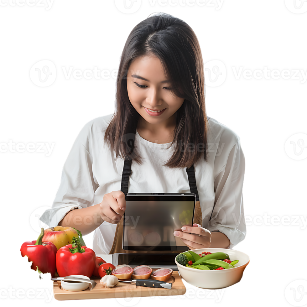 Young attractive Asian woman who cooks while watching tablet pc png