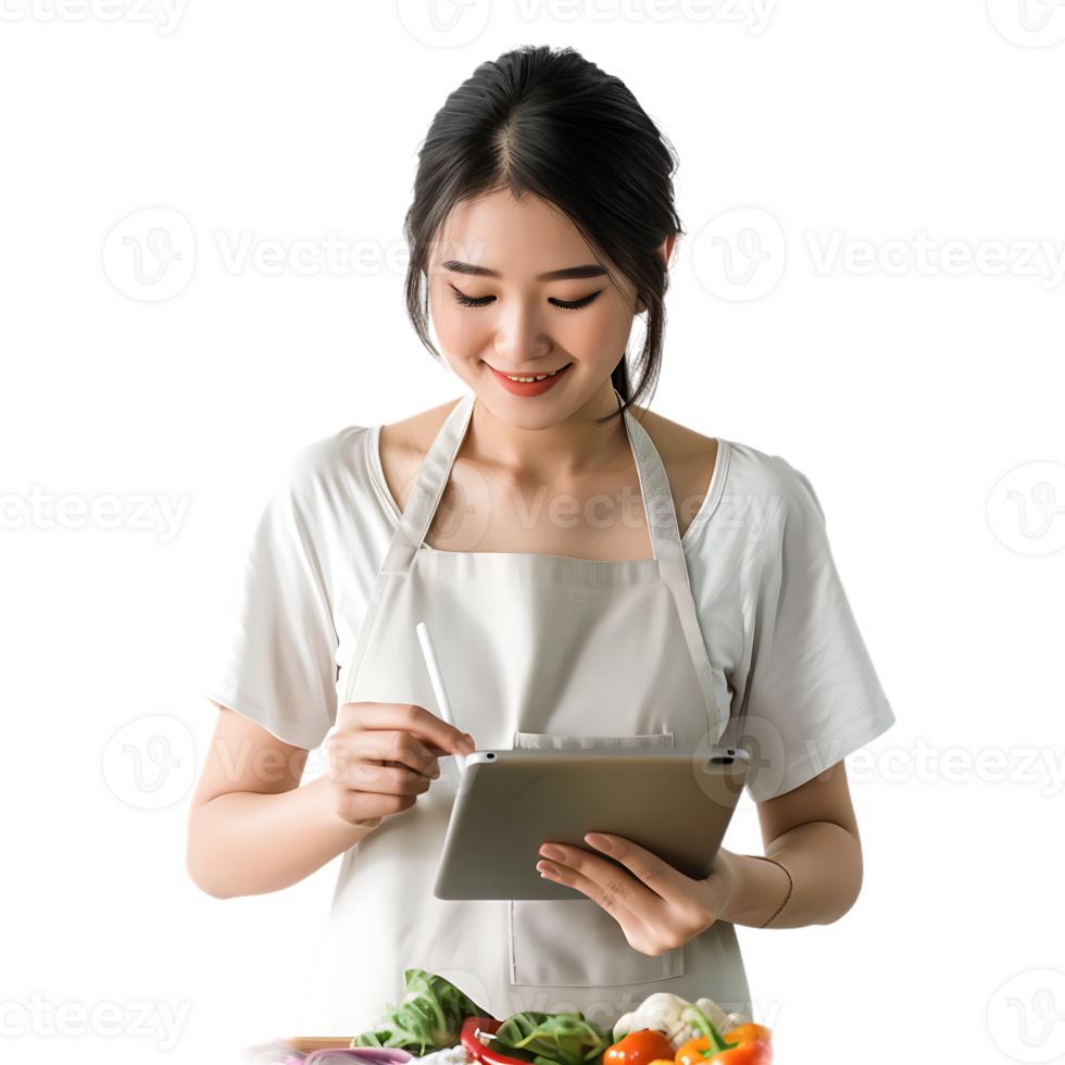 Young attractive Asian woman who cooks while watching tablet pc png