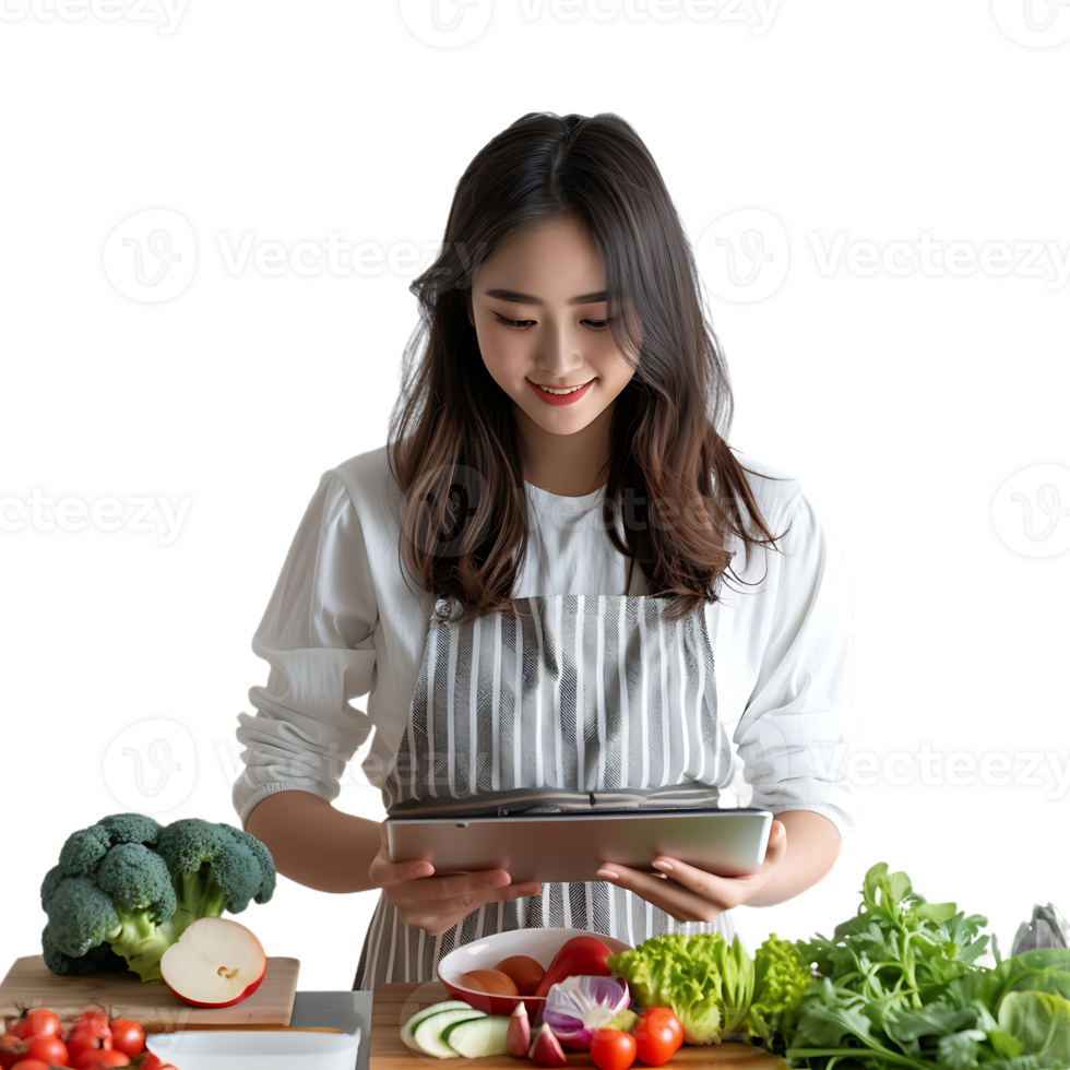 Young attractive Asian woman who cooks while watching tablet pc png