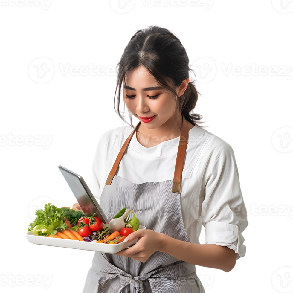Young attractive Asian woman who cooks while watching tablet pc png