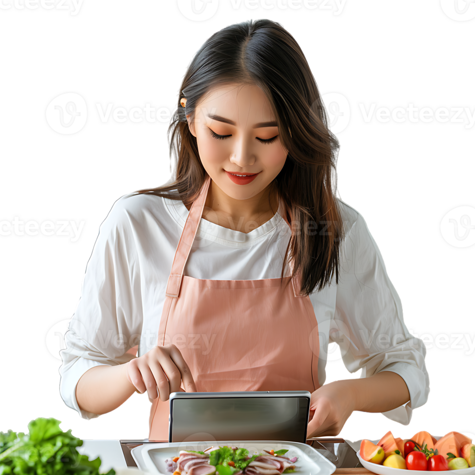 Young attractive Asian woman who cooks while watching tablet pc png