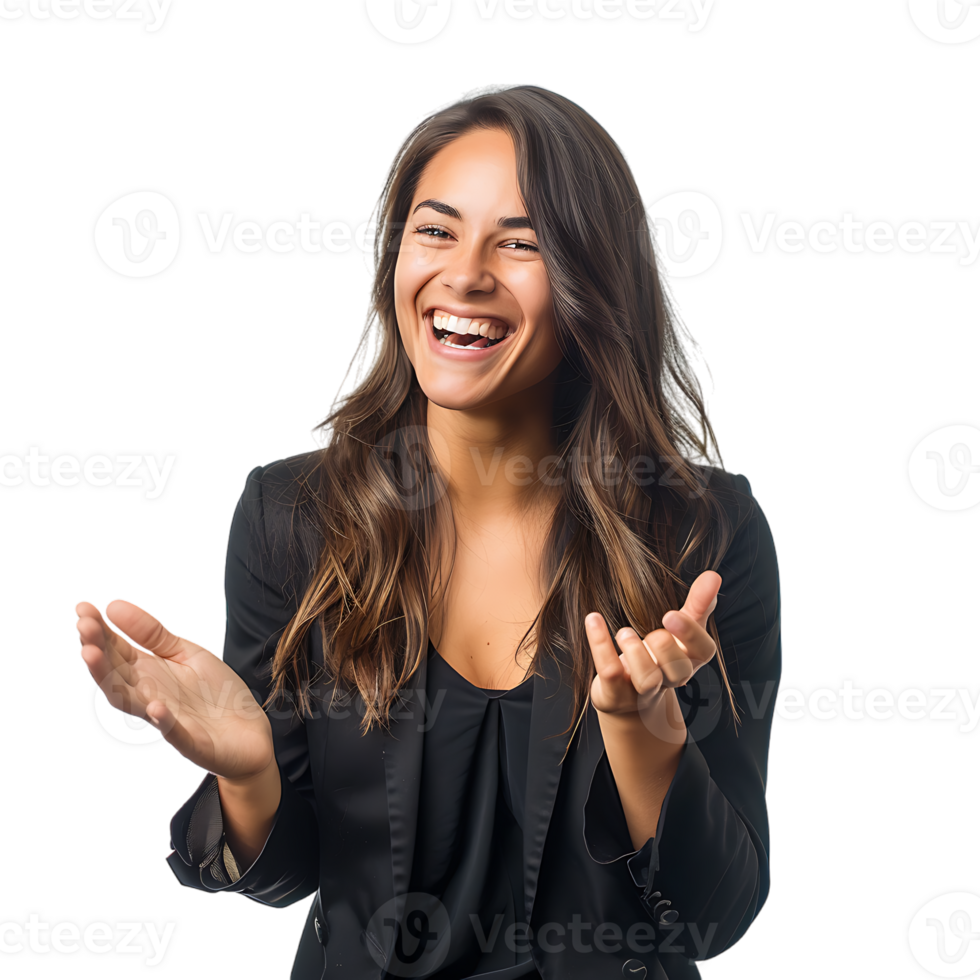 Young beautiful brunette business woman smiling and laughing with hands moving png