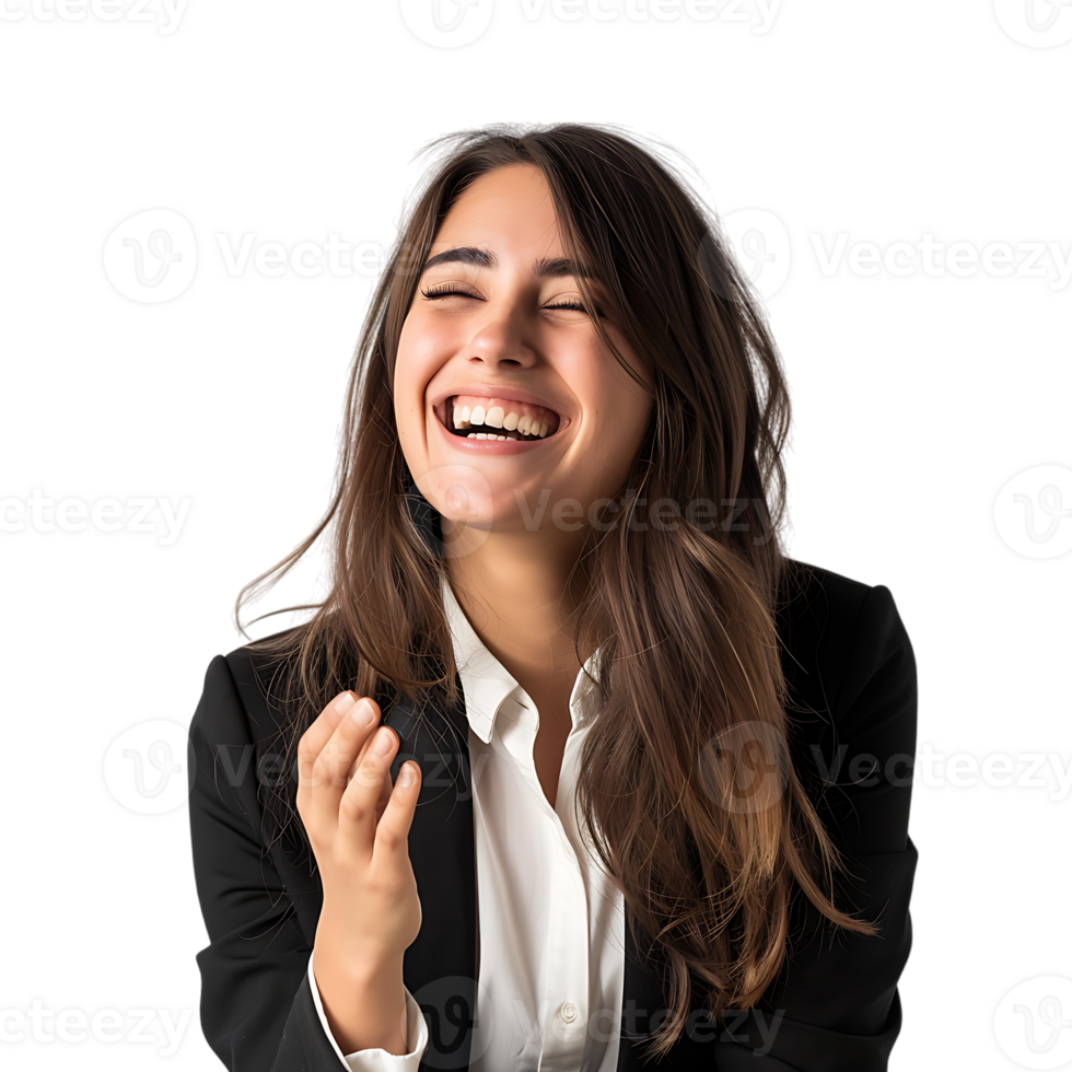 Young beautiful brunette business woman smiling and laughing with hands moving png