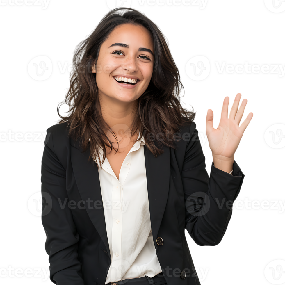 Young beautiful brunette business woman smiling and laughing with hands moving png