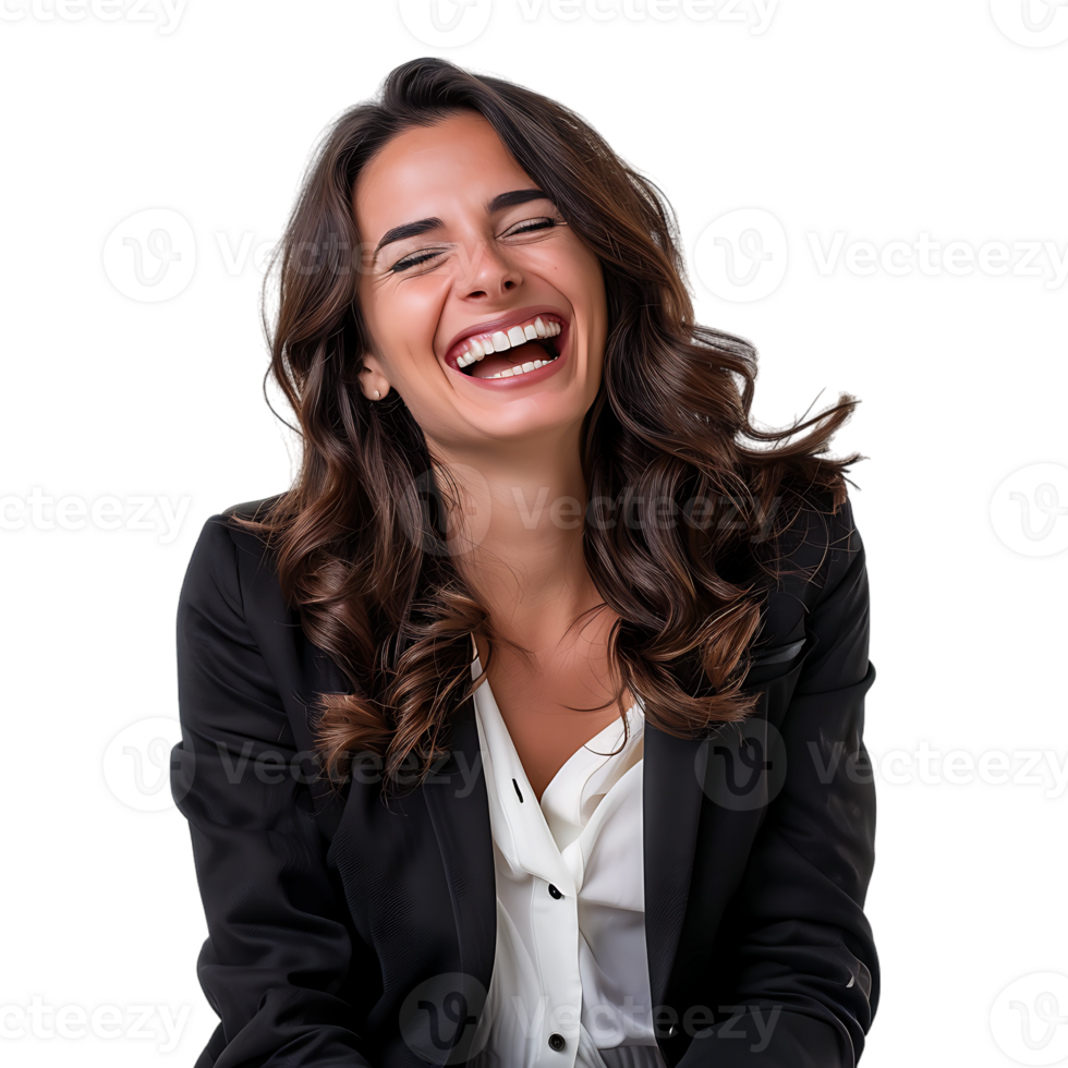 Young beautiful brunette business woman smiling and laughing with hands moving png