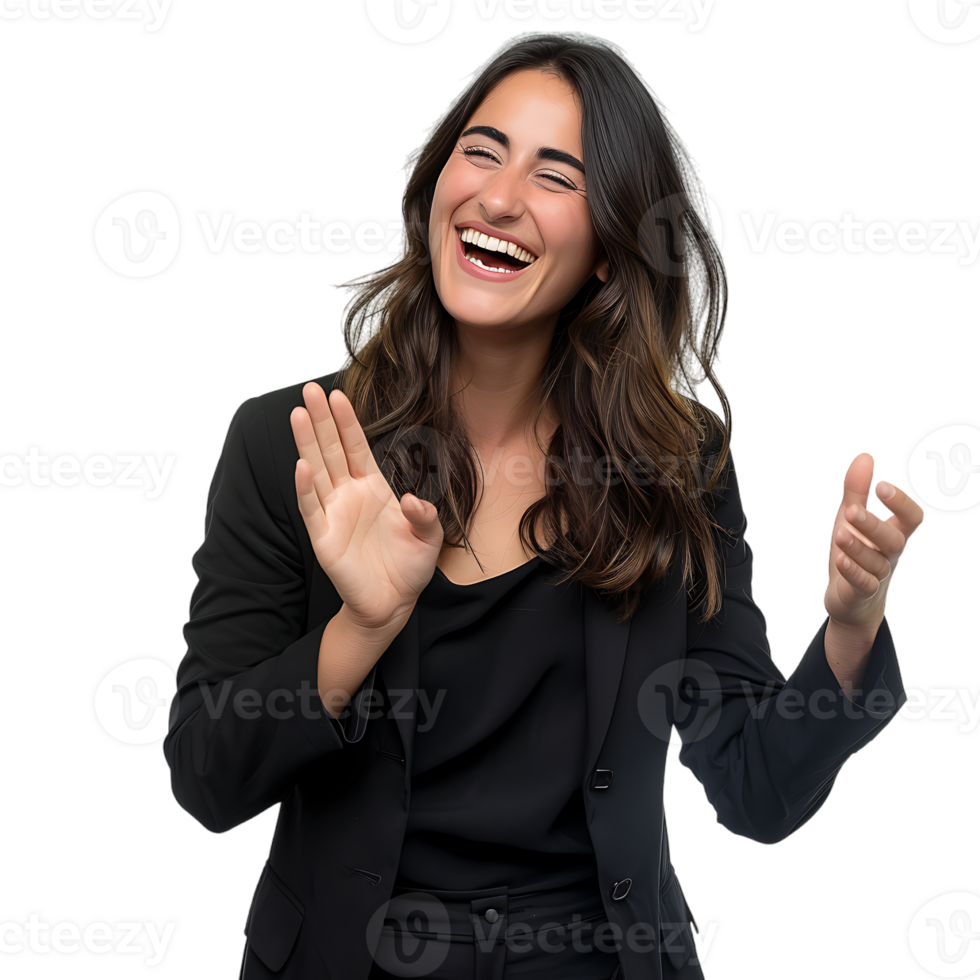 Young beautiful brunette business woman smiling and laughing with hands moving png