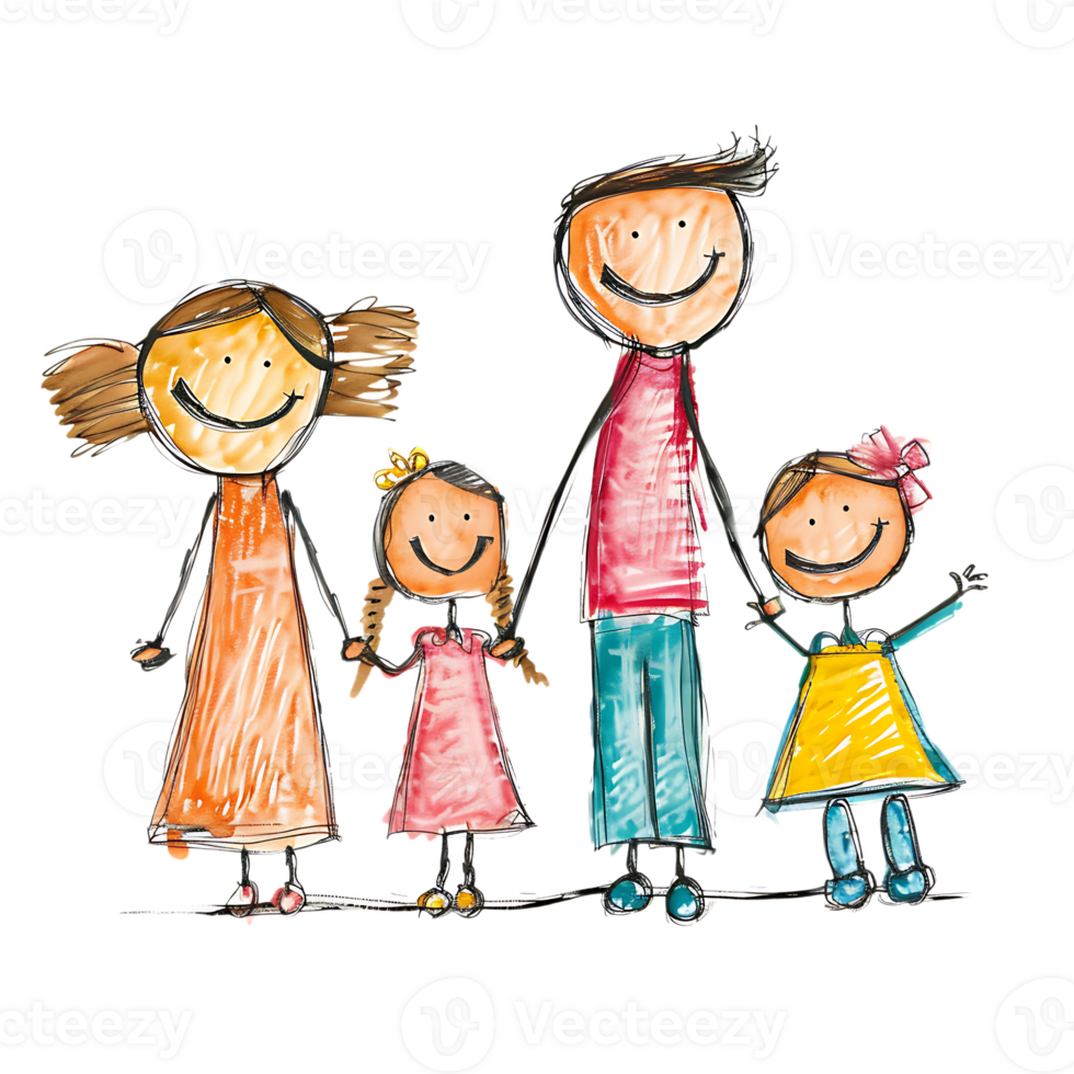 Stick figure family holding hands isolated on a transparent background png
