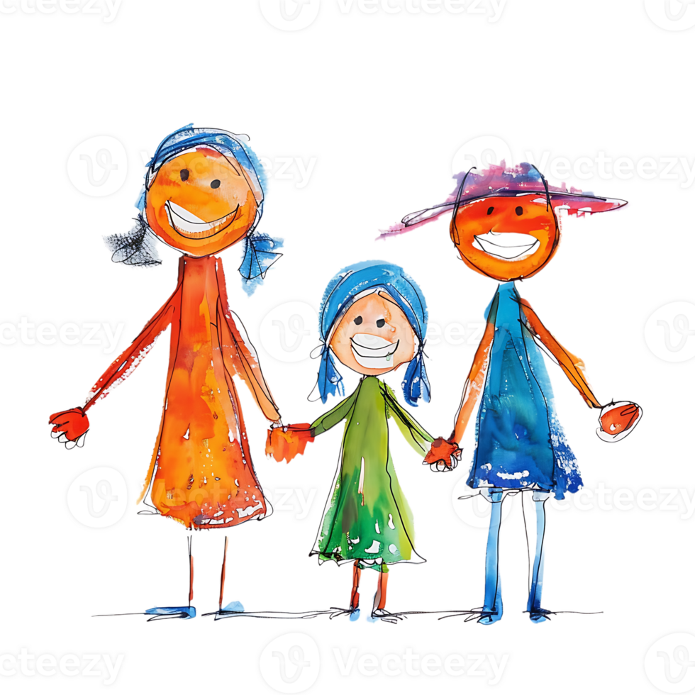 Stick figure family holding hands isolated on a transparent background png