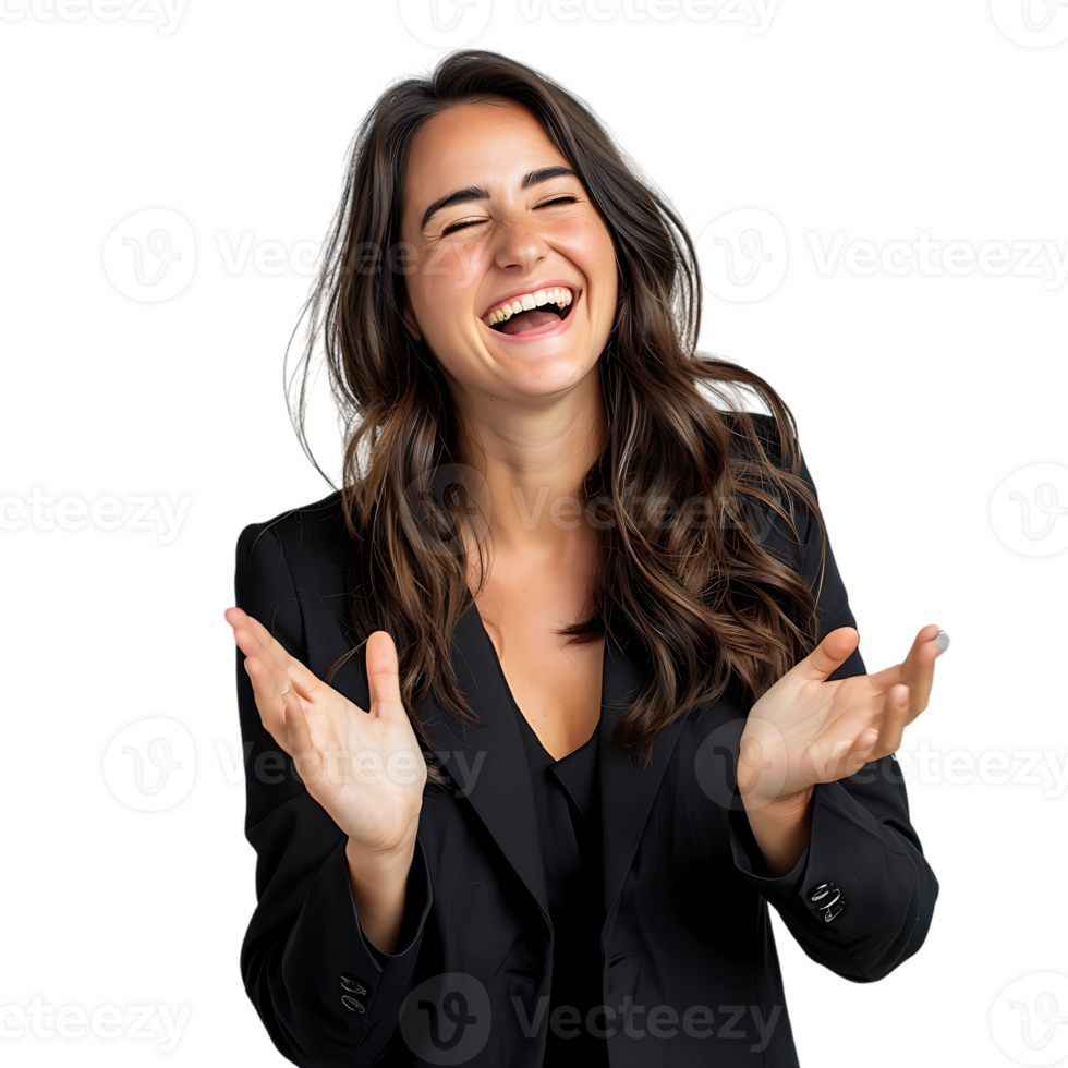 Young beautiful brunette business woman smiling and laughing with hands moving png