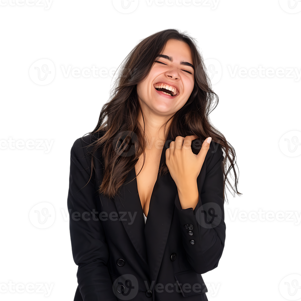Young beautiful brunette business woman smiling and laughing with hands moving png