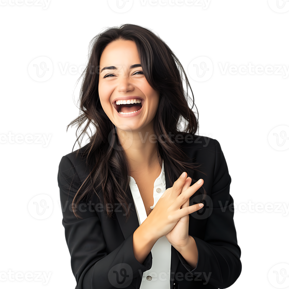 Young beautiful brunette business woman smiling and laughing with hands moving png