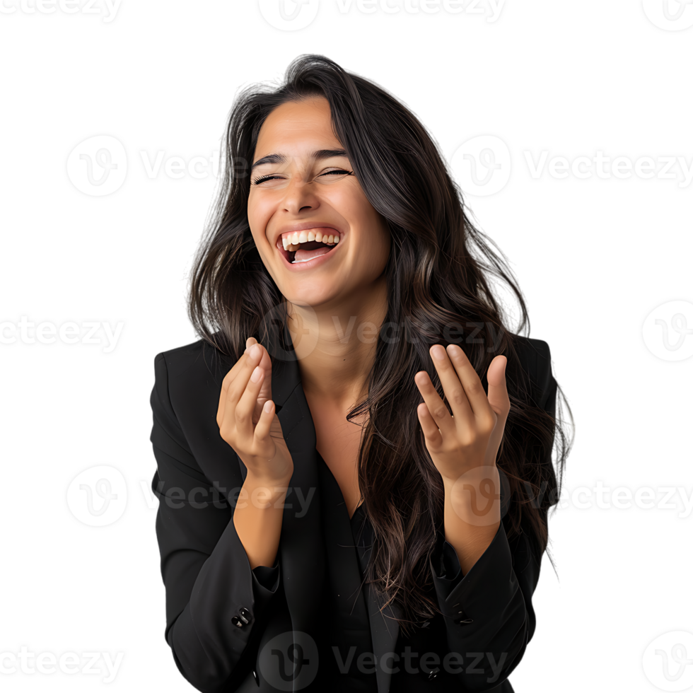 Young beautiful brunette business woman smiling and laughing with hands moving png
