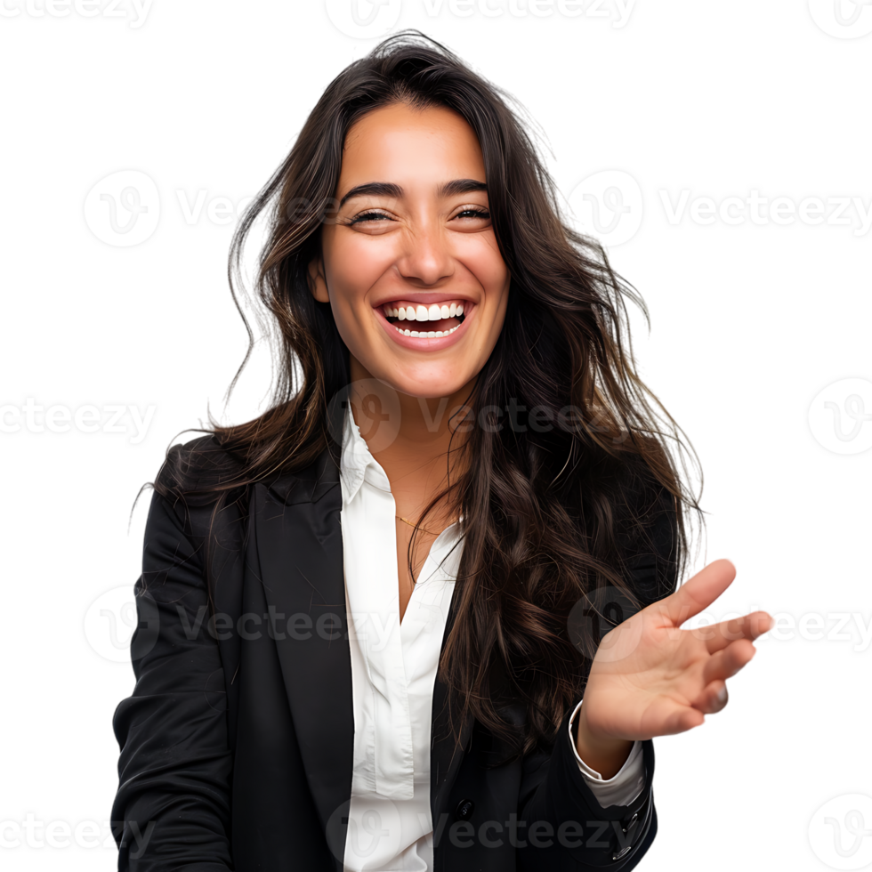 Young beautiful brunette business woman smiling and laughing with hands moving png