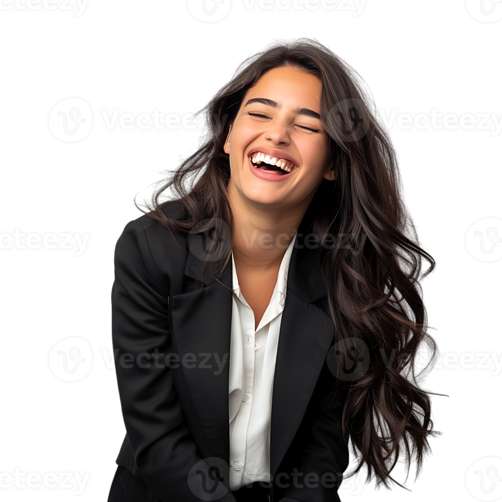 Young beautiful brunette business woman smiling and laughing with hands moving png