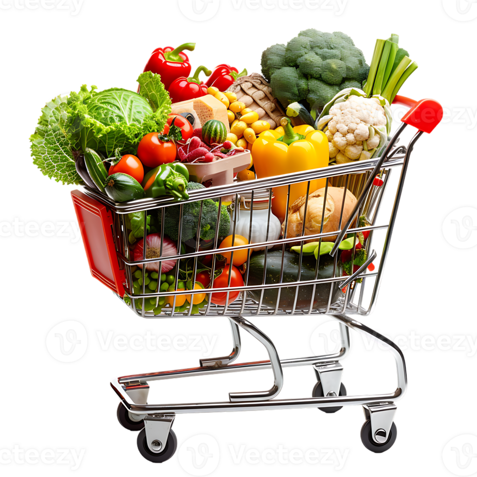 Shopping cart filled with grocery items and vegetables isolated on a transparent background png