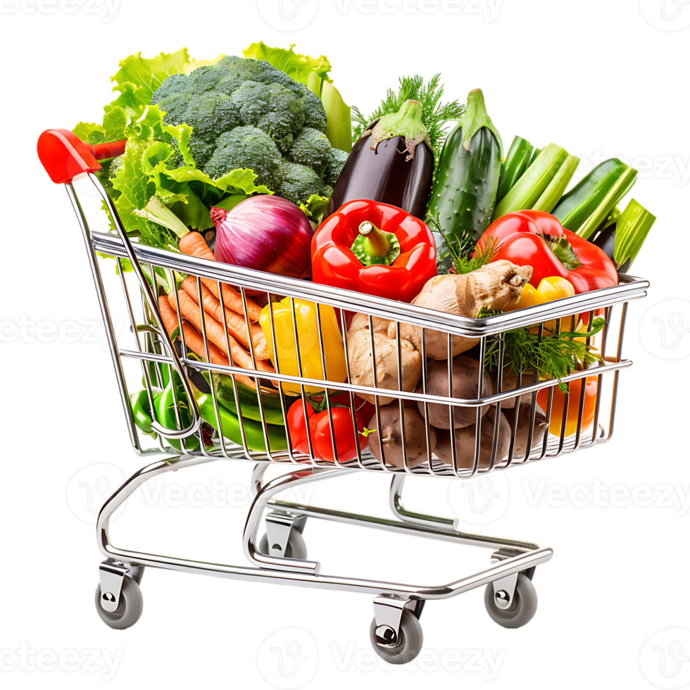 Shopping cart filled with grocery items and vegetables isolated on a transparent background png