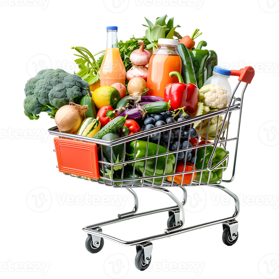 Shopping cart filled with grocery items and vegetables isolated on a transparent background png