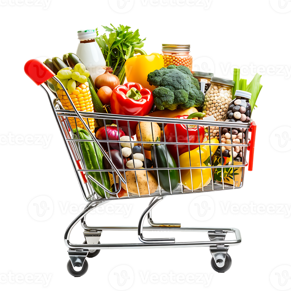 Shopping cart filled with grocery items and vegetables isolated on a transparent background png