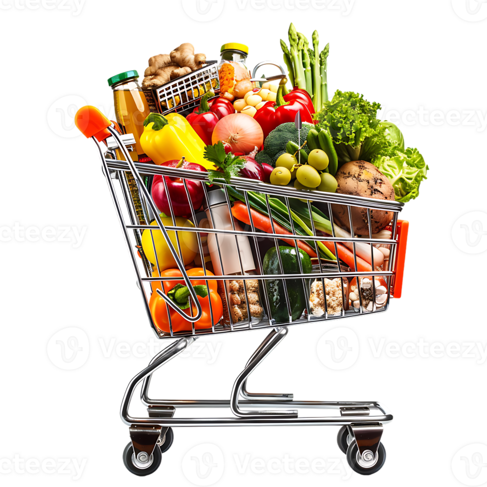 Shopping cart filled with grocery items and vegetables isolated on a transparent background png